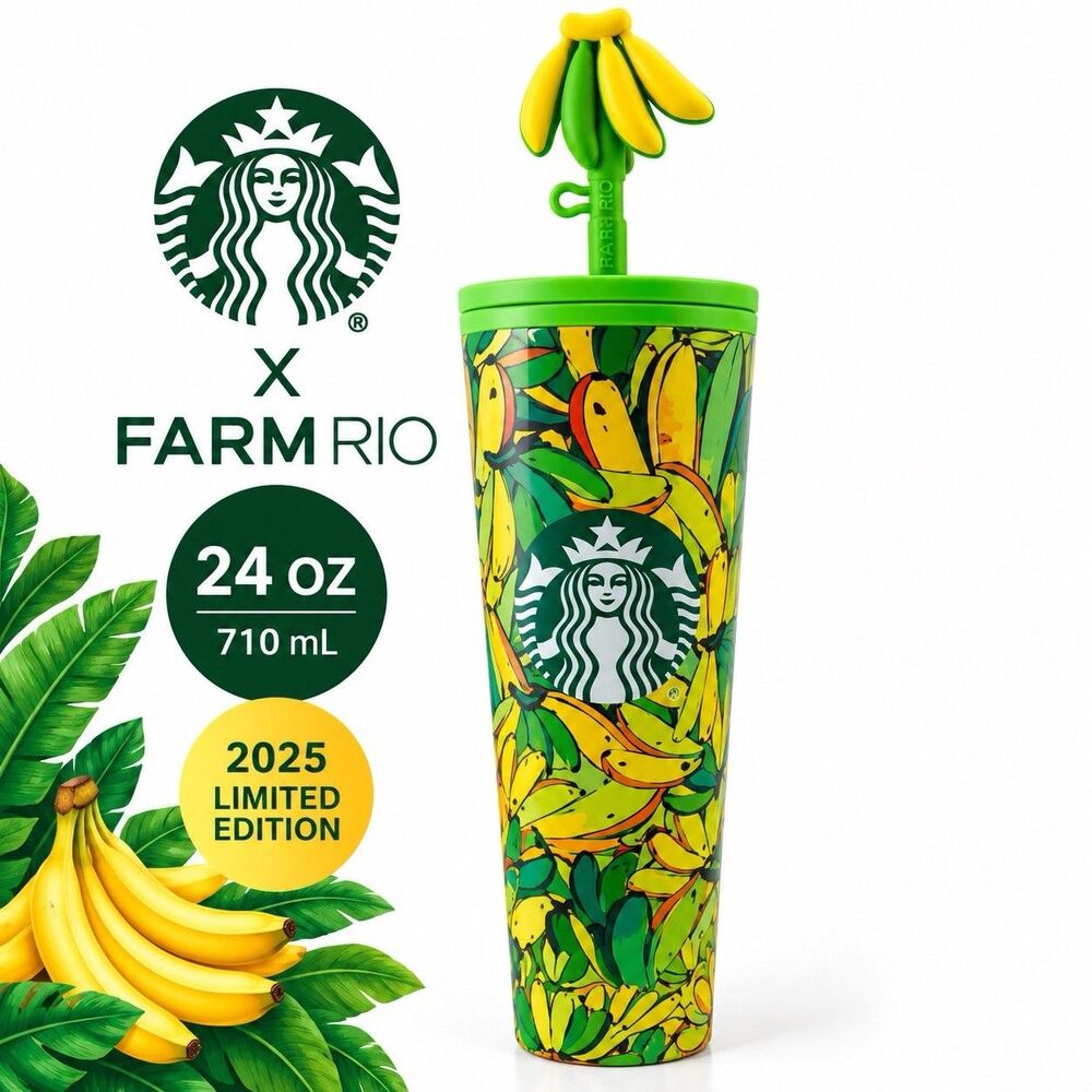 Starbucks x Farm Rio Banana Tumbler 24 Oz Yellow Green Cup Banana Straw 2025